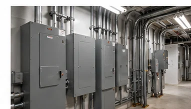 Illustrative commercial electrical distribution panels and conduit installation