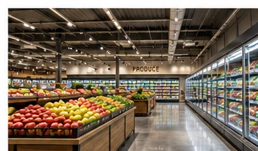 Illustrative grocery store retail interior with lighting and refrigerated display cases